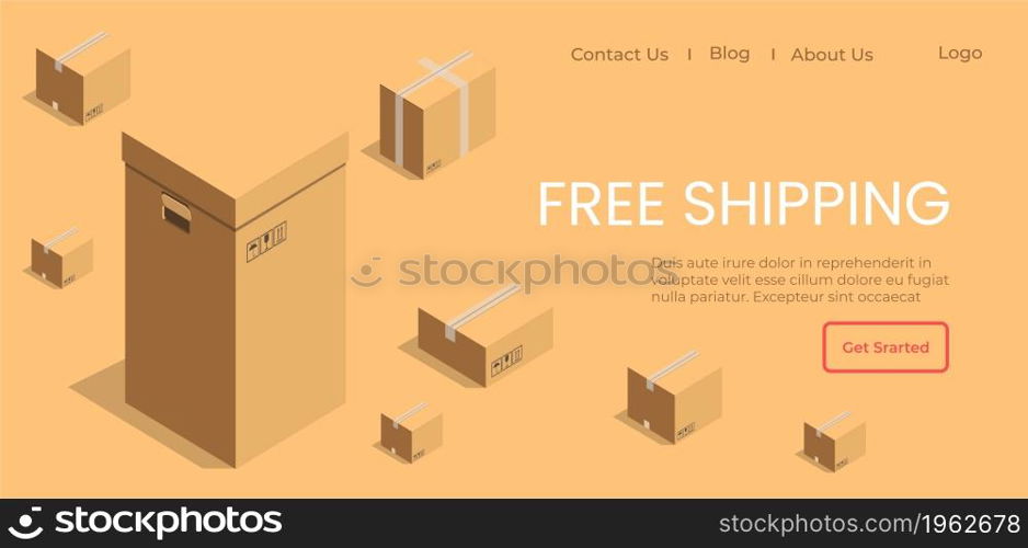 Logistics company helping to deliver orders in time. Promotion from shop to get free shipping for loyal clients and customers. Website or webpage template, landing page flat vector illustration. Free shipping of ordered goods, website pages