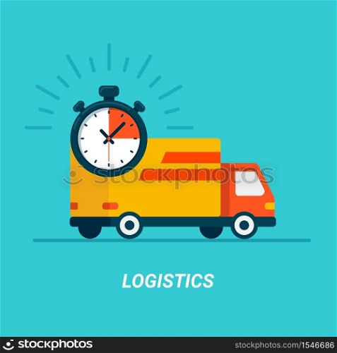 Logistics concept. Delivery service Truck. Flat style on blue. Fast Shipping by car or truck. Express delivery. Van flat icon on blue background. Logistic. Vector illustration. Logistics concept. Delivery service Truck. Flat style on blue. Fast Shipping by car or truck. Express delivery. Van flat icon on blue background. Logistic.