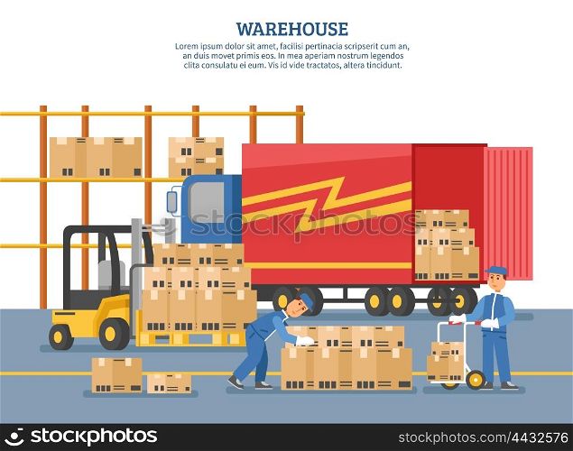 Logistics Delivery Poster. Logistics delivery poster with people who unload truck in warehouse and headline warehouse on top vector illustration