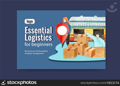Logistics Facebook design template with box, women, warehouse watercolor illustration.