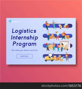 Logistics Facebook design template with watercolor painting of box, men, women illustration.