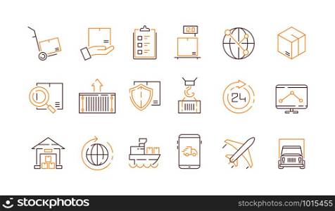Logistics icon collection. Container survey delivery service export and import transportation vector colored thin symbols. Shipping cargo service, lorry and ship illustration. Logistics icon collection. Container survey delivery service export and import transportation vector colored thin symbols