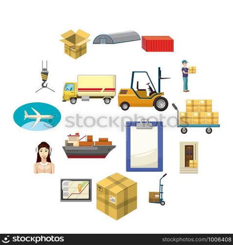 Logistics icons set in cartoon style on a white background. Logistics icons set, cartoon style