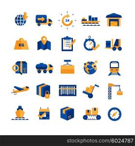 Logistics Icons Set. Logistics and delivery concept blue yellow icons set with time and transport symbols flat isolated vector illustration