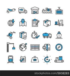 Logistics Icons Set. Logistics and delivery concept line icons set with time and transport symbols flat isolated vector illustration