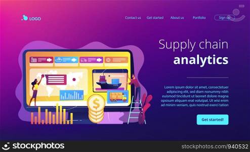 Logistics industry and freight profit analyzing. Supply chain analytics, transportation providers data, transportation costs optimization concept. Website homepage landing web page template.. Supply chain analytics concept landing page