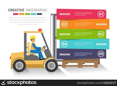 Logistics Infographic, Forklift truck with man driving, Industrial forklift vector design, Ready template for workflow layout, banner, number options, step up options, web design, diagram.