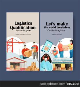 Logistics Instagram design template with crane, box, warehouse watercolor illustration.