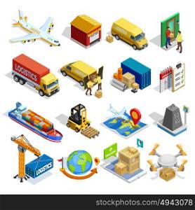 Logistics Isometric Icons Set. Logistics isometric icons set of different transportation distribution vehicles and delivery elements isolated vector illustration