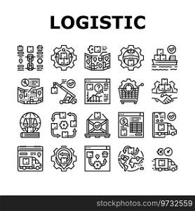 logistics manager warehouse icons set vector. business delivery, technology service, shipment transport, industry, export logistic logistics manager warehouse black contour illustrations. logistics manager warehouse icons set vector