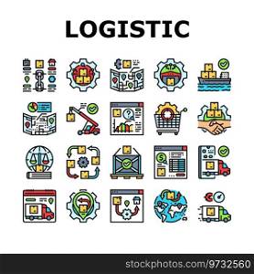 logistics manager warehouse icons set vector. business delivery, technology service, shipment transport, industry, export logistic logistics manager warehouse color line illustrations. logistics manager warehouse icons set vector