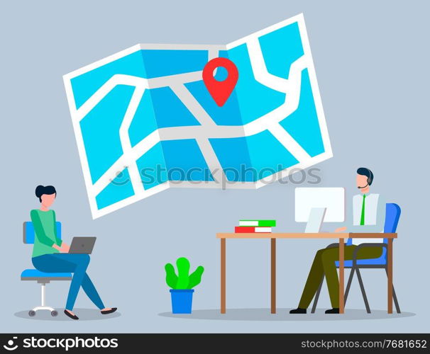 Logistics, map with navigation symbol, operator man with headset in call center, woman working with laptop, delivery center, consultant or operator of taxi, businesspeople working, flat style. Logistics, map with navigation symbol, operator man with headset in call center working at computer