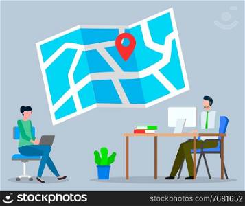 Logistics, map with navigation symbol, operator man with headset in call center, woman working with laptop, delivery center, consultant or operator of taxi, businesspeople working, flat style. Logistics, map with navigation symbol, operator man with headset in call center working at computer