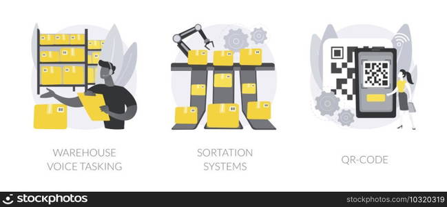 Logistics order processing abstract concept vector illustration set. Warehouse voice tasking, sortation system, QR code, automated paperless operation, conveyor, automated inventory abstract metaphor.. Logistics order processing abstract concept vector illustrations.