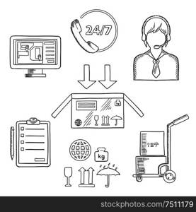 Logistics, shipping and delivery icons with call operator, 24 hours in 7 days customer service sign, navigation map, hand truck with boxes, package symbols, order list and delivery box. Vector sketch. Logistics, shipping and delivery icons sketches