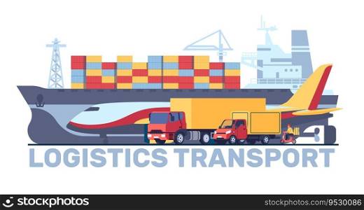 Logistics transport by sea, air and road. Metal containers shipment. Freight delivery. Bulk carrier ship. Cargo airplane and automobile trucks. Courier driving scooter. Vehicle traffic. Vector concept. Logistics transport by sea, air and road. Metal containers shipment. Freight delivery. Bulk carrier ship. Cargo airplane and automobile trucks. Courier driving scooter. Vector concept