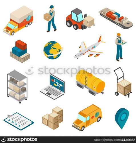 Logistics Transportation Symbols Isometric Icons Collection . International logistic service symbols isometric icons set with world globe transport and delivery man abstract isolated vector illustration