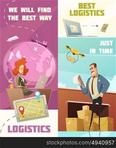 Logistics Vertical Banners Set . Logistics vertical cartoon banners set with cargo symbols isolated vector illustration