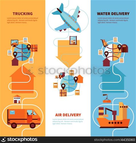 Logistics Vertical Banners Set. Logistics vertical flat banners set of trucking by earth air and water delivery design compositions vector illustration