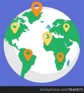 Logistics worldwide B2b, globe with location symbol on countries. Planet with colorful continents, gps object, shipping tracking, international delivery technology, earth symbol on blue, trade vector. Globe with Locations, Earth and Continents Vector