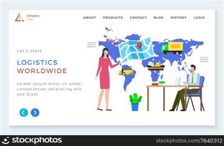 Logistics worldwide, man and woman communication with computer, international delivery. Shipping tracking on map, send parcel, business and e-commerce. App slider or webpage template, landing page. International Business, Logistics Worldwide Vector