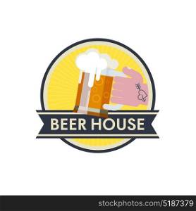 Logo beer house. Arm with a tattoo holding a mug of beer.