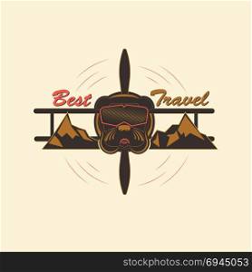Logo Best Travel. Logo indicating extreme rest and travel. Bulldog in the form of an extreme pilot, in a mountainous area. Vector illustration in several color shades.