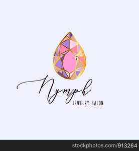 Logo, business identity for jewelry salon, company or store with pink crystal or diamond on white, precious stone, gem and text - company name - vector illustration. New Crystals Set