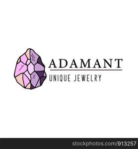 Logo, business identity for jewelry salon, company or store with purple crystal or diamond on white, precious stone, gem and text - company name - vector illustration. New Crystals Set