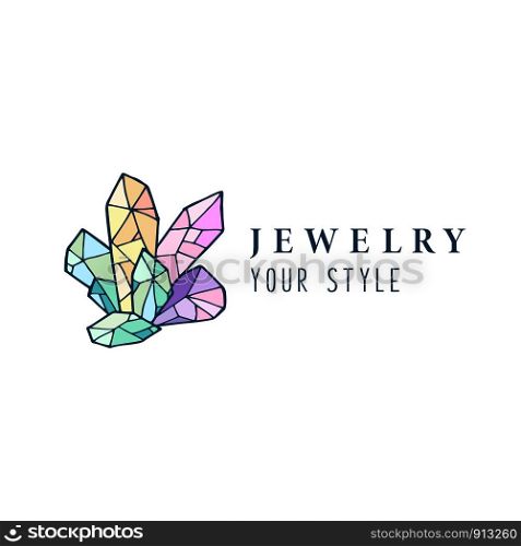 Logo, business identity for jewelry salon, company or store with rainbow crystal or diamond on white, precious stone, gem and text - company name - vector illustration. New Crystals Set