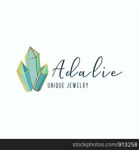 Logo, business identity for jewelry salon, company or store with turquoise crystal or diamond on white, precious stone, gem and text - company name - vector illustration. New Crystals Set