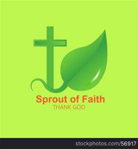 Logo cross and sprout. Vector image of a Christian cross and sprout leaves. Logo on white background in green color.