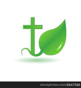 Logo cross and sprout. Vector image of a Christian cross and sprout leaves. Logo on white background in green color.