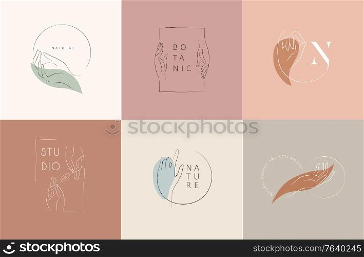 Logo design template in trendy linear minimal style. Vector abstract hands. Abstract symbol for organic products, beauty cosmetics, jewellery and hand crafted.. Logo design template in trendy linear minimal style. Vector abstract hands. Abstract symbol for organic products, beauty cosmetics, jewellery