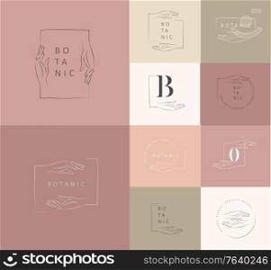 Logo design template in trendy linear minimal style. Vector abstract hands. Abstract symbol for organic products, beauty cosmetics, jewellery and hand crafted.. Logo design template in trendy linear minimal style. Vector abstract hands. Abstract symbol for organic products, beauty cosmetics, jewellery