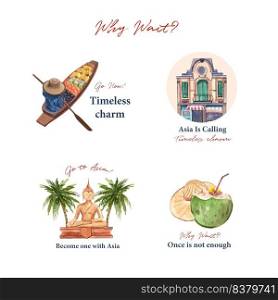 Logo design with Asia travel concept design for branding and marketing watercolor vector illustration 