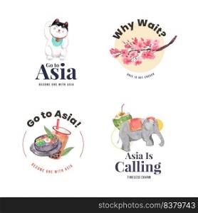 Logo design with Asia travel concept design for branding and marketing watercolor vector illustration
