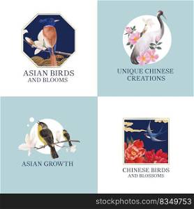 Logo design with Bird and Chinese flower concept,watercolor style 