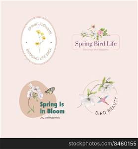 Logo design with spring and bird concept for branding and marketing watercolor illustration 