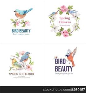 Logo design with spring and bird concept for branding and marketing watercolor illustration 