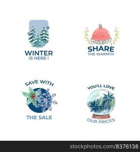 Logo design with winter sale concept for branding,sign,icon and marketing watercolor vector illustration 