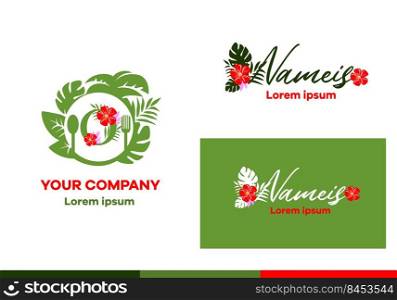 Logo for a cafe or restaurant. Round shape sign, letter O and tropical flowers and leaves