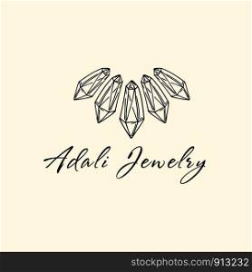 Logo for a jewelry company or store with outline crystal or diamon? - necklace, precious stone, gem and text - company name - vector illustration for cards, business identity. New Crystals Set