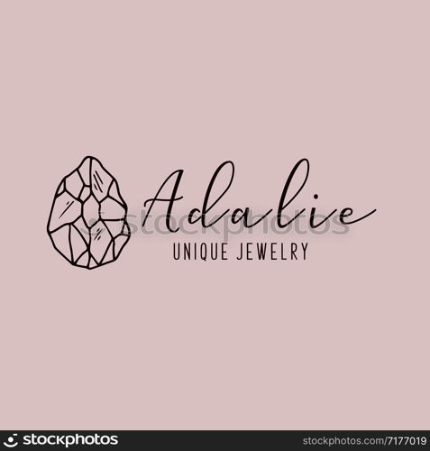 Logo for a jewelry company or store with outline crystal or diamond, precious stone, gem and text - company name - vector illustration for cards, business identity. New Crystals Set
