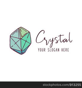 Logo for a jewelry company or store with turquoise crystal or diamond on white, precious stone, gem and text - company name - vector illustration for cards, business identity. New Crystals Set