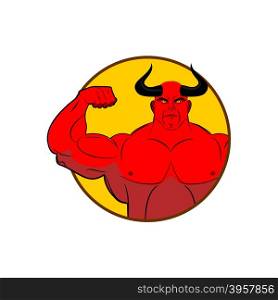 Logo for gym. Satan bodybuilder shows biceps. Emblem for sports teams. Horned red Demon with large muscles. Vector illustration of devil.
