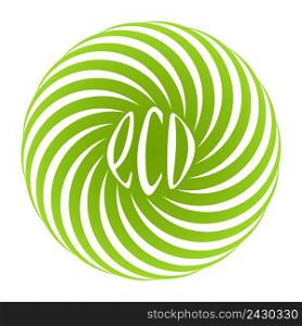 Logo for shop of natural eco food products, vector spiral green circle with caligraphic text eco