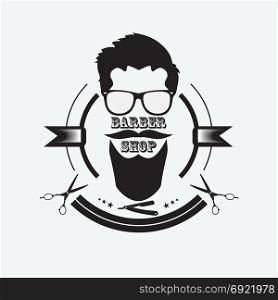 Logo for the Barber shop. The mans face with a beard symbolizing a Barber shop. Items of hairdressing equipment.