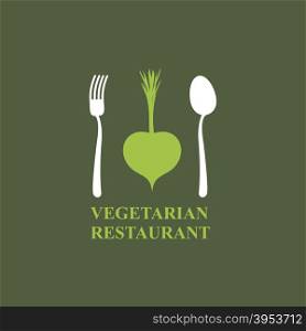 Logo for vegetarian restaurants or cafes. Cutlery: fork and spoon and radish.&#xA;