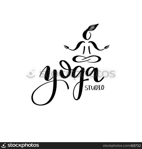 Logo for yoga studio or meditation class.. Logo for yoga studio or meditation class. Spa logotype design. Meditation concept. Silhouette of woman and lettering phrase Yoga studio. Vector illustration for t-shirt print, yoga mat, towel, poster, business card.